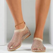 Women's Fashionable Mesh Flat Shoes With Breathable Design, Rhinestone Decoration And Colorful Options - Khaki - View 4