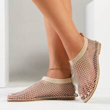Women's Fashionable Mesh Flat Shoes With Breathable Design, Rhinestone Decoration And Colorful Options - Khaki - View 6