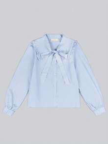 Camisa elegante para dama con diseño de rayas cuello olan y listón para moño - Azul - Ver 8