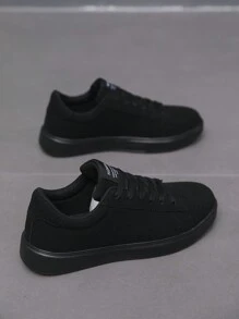 (Run Small 1 Size) Men's Front Lace-Up Fashionable Versatile Casual Shoes, Classic All-Black Comfortable Sneakers, Minimalist Solid Color Running Shoes - Black - View 7