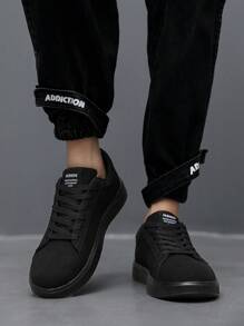 (Run Small 1 Size) Men's Front Lace-Up Fashionable Versatile Casual Shoes, Classic All-Black Comfortable Sneakers, Minimalist Solid Color Running Shoes - Black - View 9