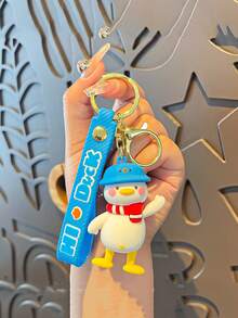 1pc Cartoon Little Duck Keychain With Waving Hand, Cute Couple Backpack Pendant - Blue - View 1