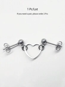 1pc Silver Plated Double Pierced Stainless Steel Earring With Heart Shaped Pendant
