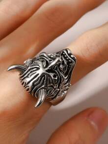 1pc Zinc Alloy Prajna Mask Design Men's Daily Wear Open Ring - Antique Silver - View 4