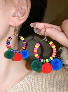 1 cặp Hoa tai tròn Pom Pom khối màu cổ điển, Hoa tai dạng dây đeo hình bầu không khí màu kẹo đa năng và phong cách dành cho nữ - Nhiều màu - Xem 2