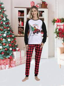 2 件套女式聖誕家庭配套睡衣套裝,含長袖上衣和長格子下裝,度假休閒舒適家居服 - 白色 - 查看 1