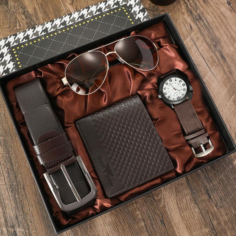 Men Gift Watch Set Fashion Belt Wallet Glasses Set Christmas Gift Gift Sets Gift For Men - Brown - View 1