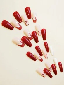 24pcs Long Coffin Shaped Nail Tips, Winter Christmas Santa Hat Red Graffiti Minimalist Plaid Full Cover Fashion False Nails, Includes 1pc Jelly Gel, 1pc Nail File, Suitable For Christmas Gifts, Holiday Parties, Daily Wear