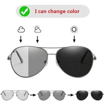 1pair Unisex Photochromic Polarized Aviator Fashion Glasses, Fashion Glasses With Metal Frame And Chameleon Lens, Luxury Designer Astronaut/Pilot Glasses For Driving Fishing Protection Fashion Glasses With Adjustable Spring Temples, Fit For Various Head Sizes In Black, Gun Color And Grey, For Daytime And Nighttime Use Beach Accessories Glasses Shades For Summer Beach Vacation,Outdoor,Travel