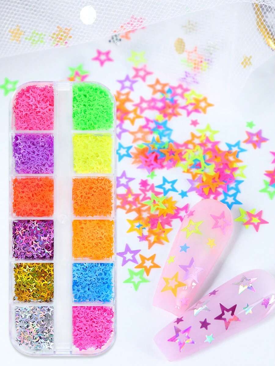 荧光星星亮片美甲配件空心星星闪光片指甲装饰 UV 凝胶抛光美甲霓虹亮片