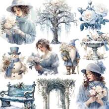 復古手工製作的冬季藍色花園花卉設計裝飾貼紙,適用於diy相冊、日記和專輯 - 黑色 - 查看 1