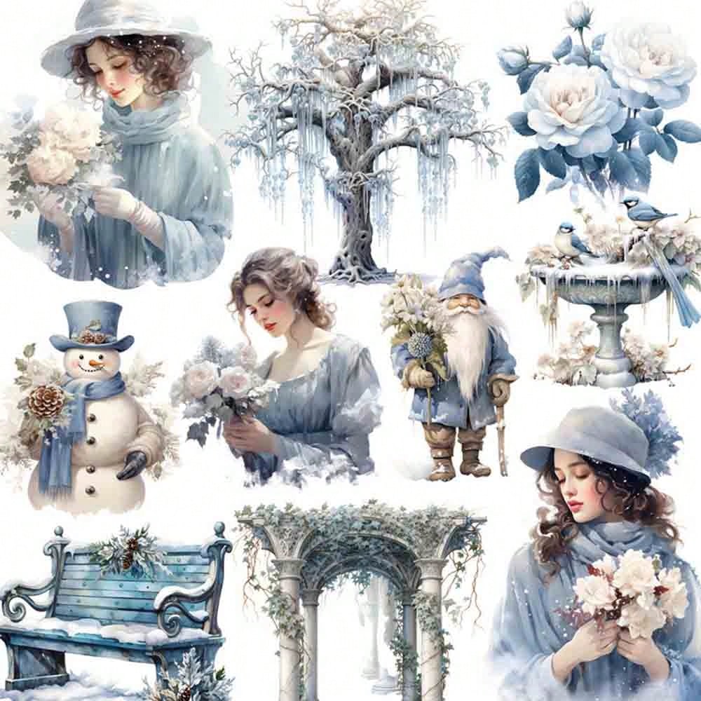 復古手工製作的冬季藍色花園花卉設計裝飾貼紙,適用於diy相冊、日記和專輯 - 黑色 - 查看 1