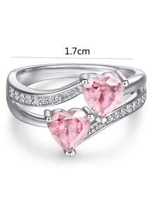 1 Anillo De Corazon Dual De Piedra De Circonia Rosa Para Mujer - Multicolor - Ver 2