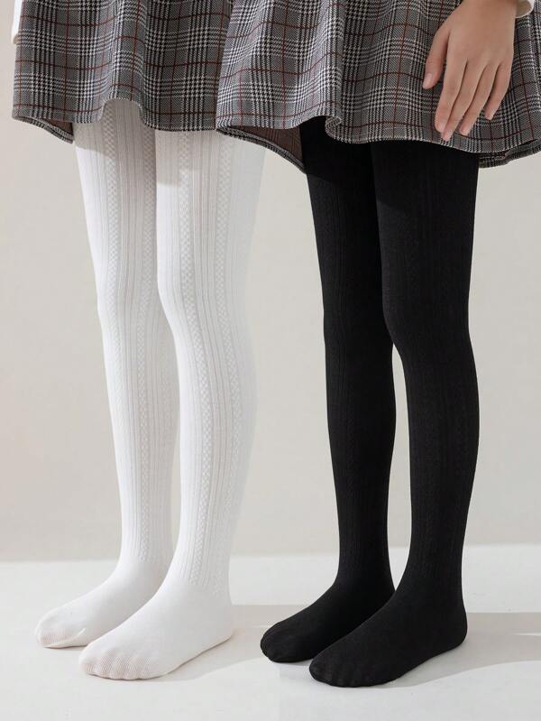 Disney 2pcs/Set Girls Solid White & Black Striped Leggings, Princess Style, Suitable For Daily Wear, Autumn/Winter Stirrup Tights, Versatile