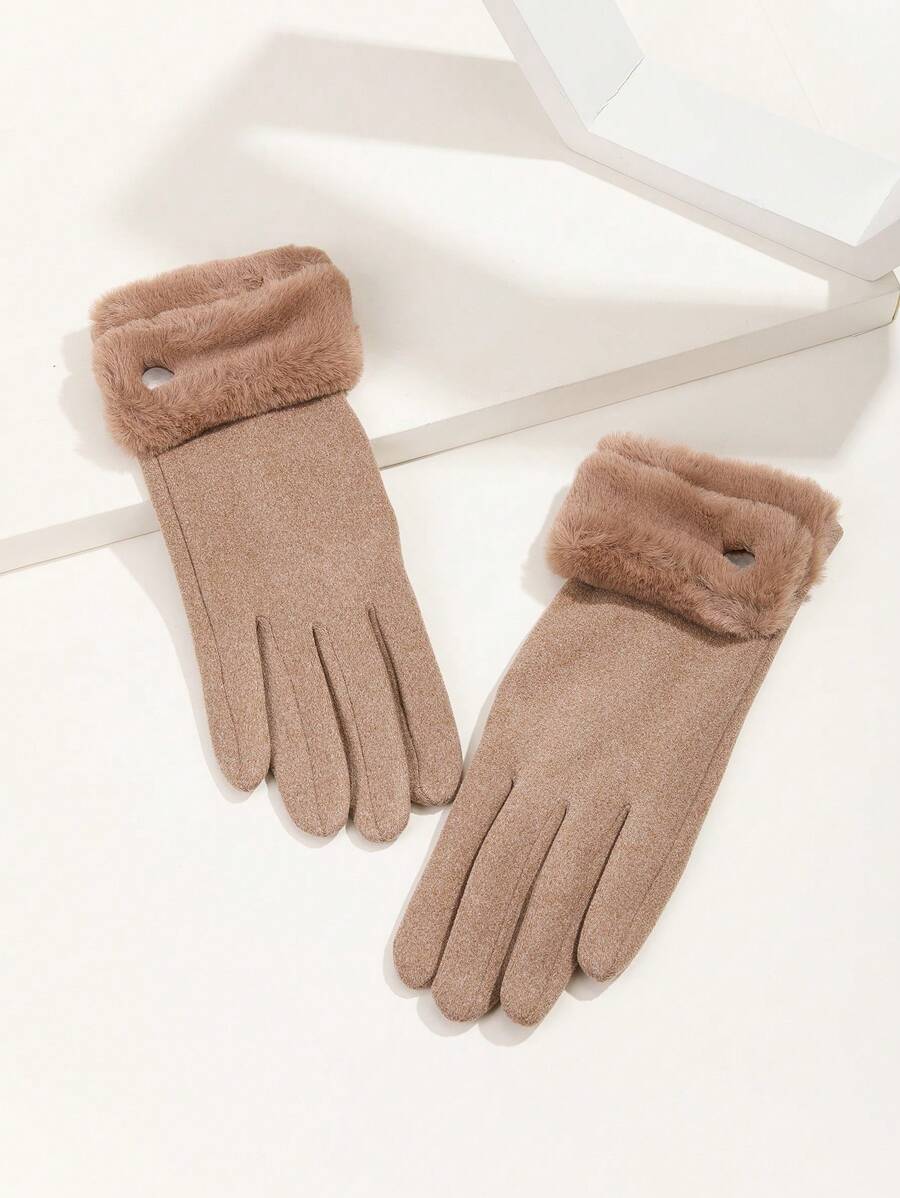 1 đôi Quý cô Màu lạc đà Hàng mới đến Plush ấm áp Găng tay Với Lông cừu Hem , Thích hợp Đối với Mặc hàng ngày , Lái , Cưỡi , Và Tất cả Mùa Đông Hoạt động - Màu Khaki - Xem 1