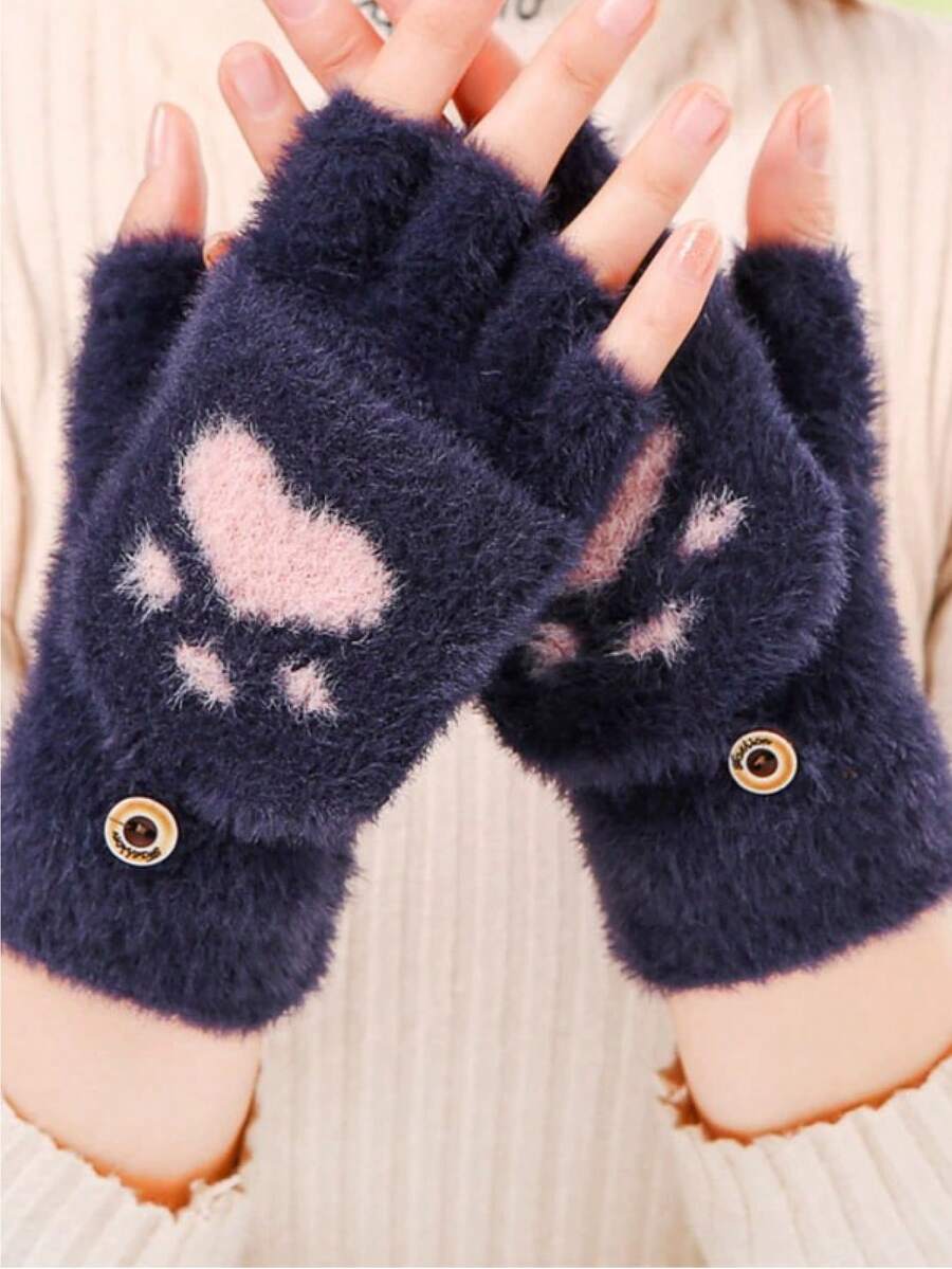 Của phụ nữ Mùa Đông Plush ấm áp Dày lên Dệt kim Nửa Ngón tay Flip Găng tay , Xanh Màu sắc , Phim hoạt hình mèo Cái vuốt Thiết kế - Màu xanh lam - Xem 1