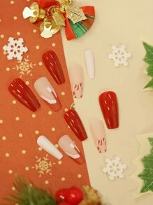 24pcs Long Coffin Shaped Nail Tips, Winter Christmas Santa Hat Red Graffiti Minimalist Plaid Full Cover Fashion False Nails, Includes 1pc Jelly Gel, 1pc Nail File, Suitable For Christmas Gifts, Holiday Parties, Daily Wear