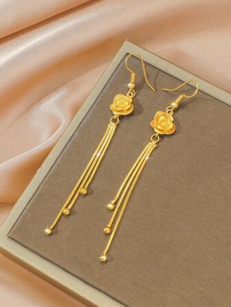 1 paire de boucles d'oreilles pendantes polyvalentes avec fleur rose dorée et longue frange, cadeau de bijoux pour femmes, Saint-Valentin, Valentins, Maman, Mère, Fête des mères, Cadeau
