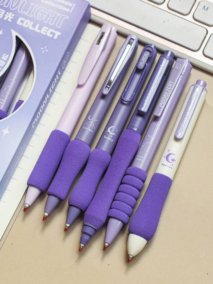 MOKA 6 支/包 按鈕式中性筆,適合辦公室和歐美學生,簡約紫色透明筆桿,0.5 毫米中號黑色墨水原子筆 - 紫色 - 查看 1