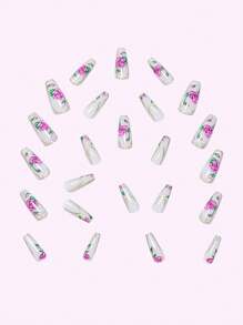 Get Charm 24pcs Extra-Long French Style Fashionable Nail Art Set With Gold Lines, Light Pink-Purple Roses, Green Leaves & Faux Pearl. Includes Jelly Gel, Cuticle Stick. Suitable For Parties, Dancing Or Daily Use. - Multicolor - View 3