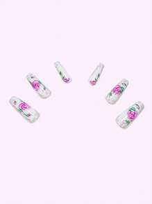 Get Charm 24pcs Extra-Long French Style Fashionable Nail Art Set With Gold Lines, Light Pink-Purple Roses, Green Leaves & Faux Pearl. Includes Jelly Gel, Cuticle Stick. Suitable For Parties, Dancing Or Daily Use. - Multicolor - View 4