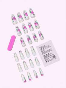 Get Charm 24pcs Extra-Long French Style Fashionable Nail Art Set With Gold Lines, Light Pink-Purple Roses, Green Leaves & Faux Pearl. Includes Jelly Gel, Cuticle Stick. Suitable For Parties, Dancing Or Daily Use. - Multicolor - View 2
