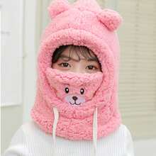 1 件男女通用熊形帽子，带围巾和口罩，宝宝厚保暖帽，适合秋冬季日常佩戴 - 玫紅色 - 查看 2