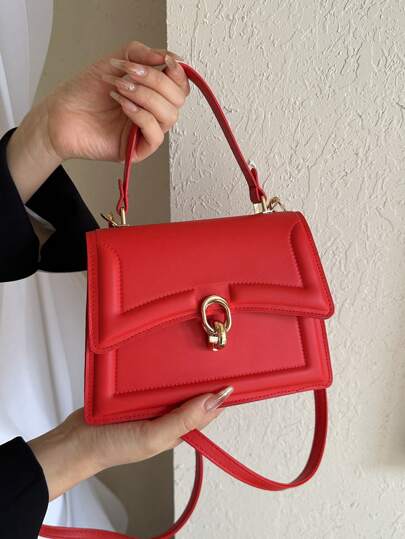 Rote, Quadratische Tasche Mit Klappe, Minimalistischer Pu-geschenkbeutel Mit Tragegriff Oben. Fröhlich