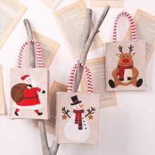 1套(3入)聖誕主題卡通聖誕老人和雪人印花貼紙粗麻禮物袋適用於兒童 - 查看 3