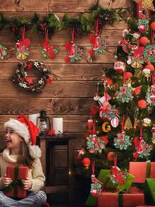 18入組/套木頭聖誕花環在各種各樣尺寸和紅色的吉祥鳥花環懸掛裝飾品適用於戶外節日派對,禮物,合適的適用於聖誕裝飾