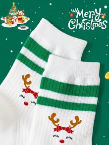 1雙兒童舒適柔軟中筒長襪,紅色甜美蝴蝶結,害羞的鹿頭和臉部表情印花,適合聖誕裝扮 - 彩色 - 查看 3
