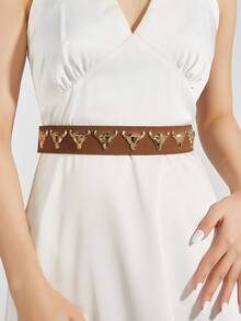 女士時尚西式腰帶,採用小牛頭金屬配件,適用於駱駝絨和pu製洋裝、外套及裙裝裝飾 - 駝色 - 查看 1