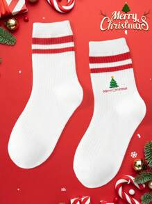 1雙兒童時尚字母和祝福和聖誕樹圖案休閒/運動襪子,帶緩衝,柔軟,舒適,中筒,適合聖誕裝扮 - 彩色 - 查看 4