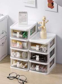 1 Pieza Caja Organizadora De Escritorio En Forma De Conejo Con Cajón De Almacenamiento Para Cosméticos, Lápiz Labial, Papelería Y Varias Chucherías Con Diseño Claro - Blanco - Ver 2