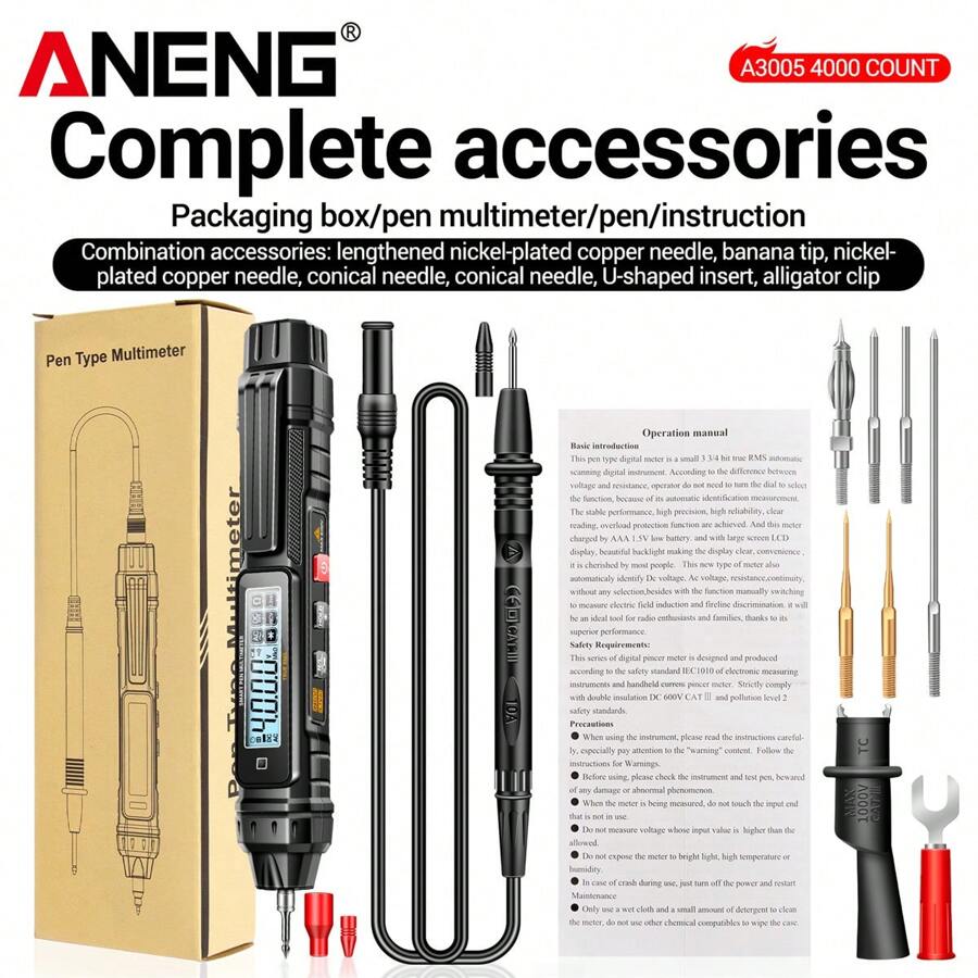Aneng A3005數字專業電錶筆測試儀,電壓表,直流電壓表,活零線檢測器,蜂鳴器歐姆測試儀工具 - 黑色 - 查看 1
