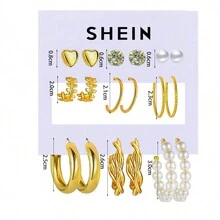 9雙新款設計鍍金鑲嵌心形、球體和珍珠的鑲鑽耳環套裝 - 金黃色 - 查看 2