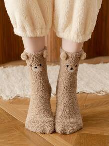 1/5 Pairs White Bear Coral Fleece Socks, Thick Warm Cartoon Socks For Home Wear In Winter, Cozy - Khaki - View 7