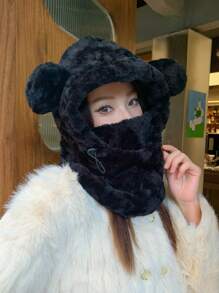 1頂女式帽子,可愛的厚絨毛熊設計,防風保暖,配有口罩可掩蓋耳朵,適用於冬季 - 黑色 - 查看 2