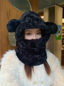 1頂女式帽子,可愛的厚絨毛熊設計,防風保暖,配有口罩可掩蓋耳朵,適用於冬季 - 黑色 - 查看 3