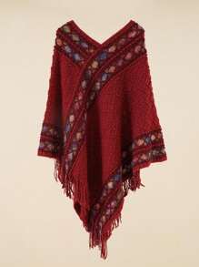 Boho 1pc Loose Knitted Sweater Shawl Cardigan - Burgundy - View 1