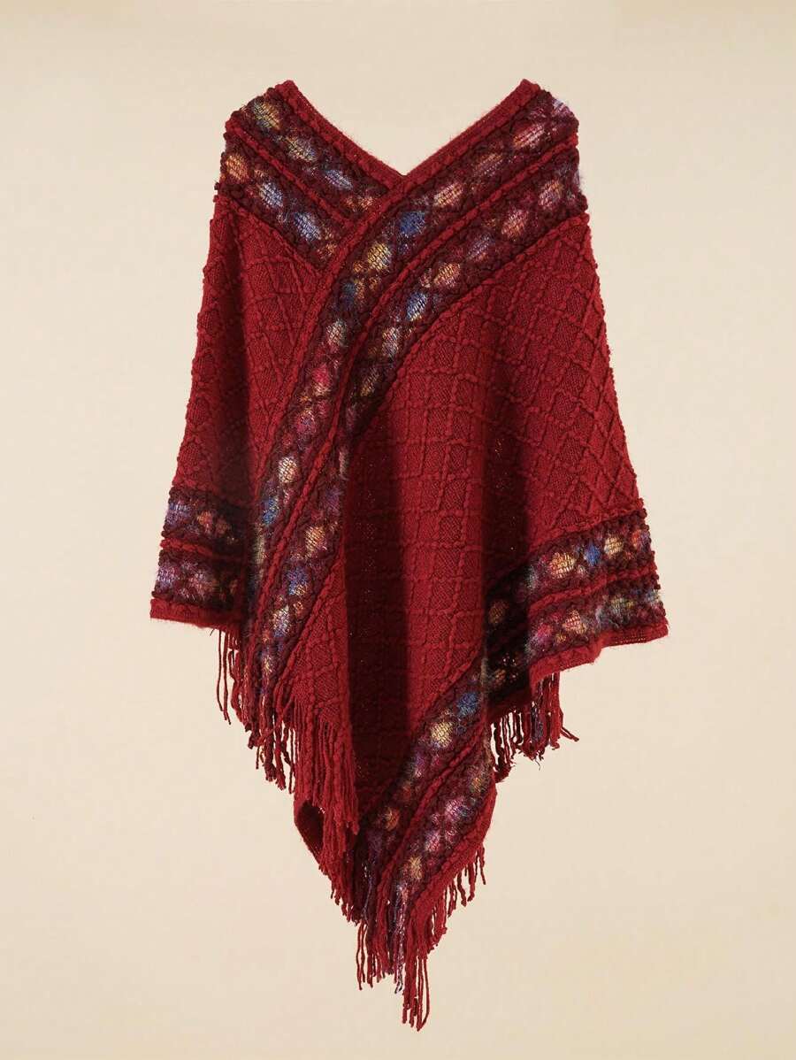 Boho 1pc Loose Knitted Sweater Shawl Cardigan - Burgundy - View 1