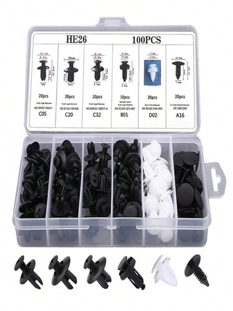 100pcs 6 Sizes Auto Parts Set, Auto Fastener Clip Mixed Car Body Push Retainer Pin Rivet ,Bumper Door Trim Panel Retainer Fastener Kit