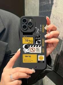 卡通太空人風格直邊黑色防震手機殼，兼容iPhone - 黑色 - 查看 1