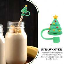 4入組聖誕樹造型8mm矽膠吸管套,卡通吸管防塵塞,水杯配件,聖誕節禮物 - 綠色 - 查看 2