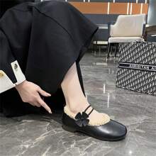 歐式女鞋 - 2023冬季新款軟皮蓬鬆內襯樂福鞋方頭珍平底鞋一扣 - 黑色 - 查看 7