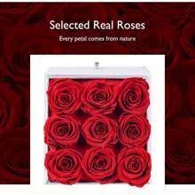 Preserved Roses With Necklace Eternal Roses In A Jewelry Box Real Rose That Last More Than A Year Gift For Her Valentine's Day Mother Day (9 Pink Roses, Square White Box) - Red - View 4