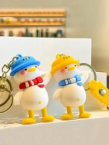1pc Cartoon Little Duck Keychain With Waving Hand, Cute Couple Backpack Pendant - Blue - View 2