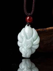 1pc Natural Grade A Jade Nine-Tailed Fox Pendant With Rope Necklace For Men Or Women, Delicate & Elegant Design, Perfect For Daily Wear, Gift For Festivals - Green - View 7
