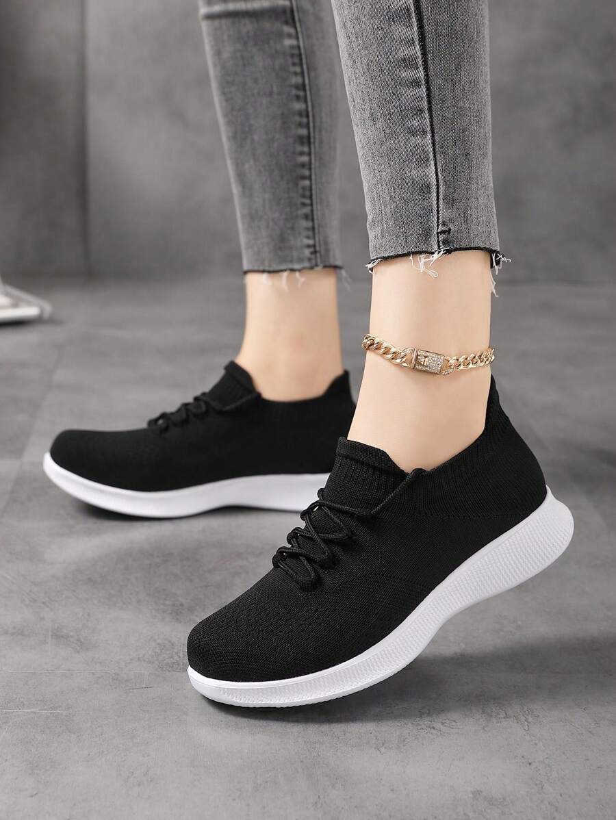 Xuyên biên giới Của phụ nữ Nhẹ Và Thoáng khí Đen Và Trắng Lace-up Dệt kim Vớ Giày dép Giải trí Giày dép - Đen và trắng - Xem 1