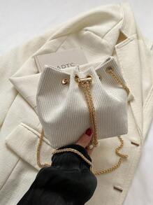 Mini New Fashion Straw Woven Golden Chain Drawstring Bucket Bag, Beach Bag, Hottest Beach Bags - White - View 7
